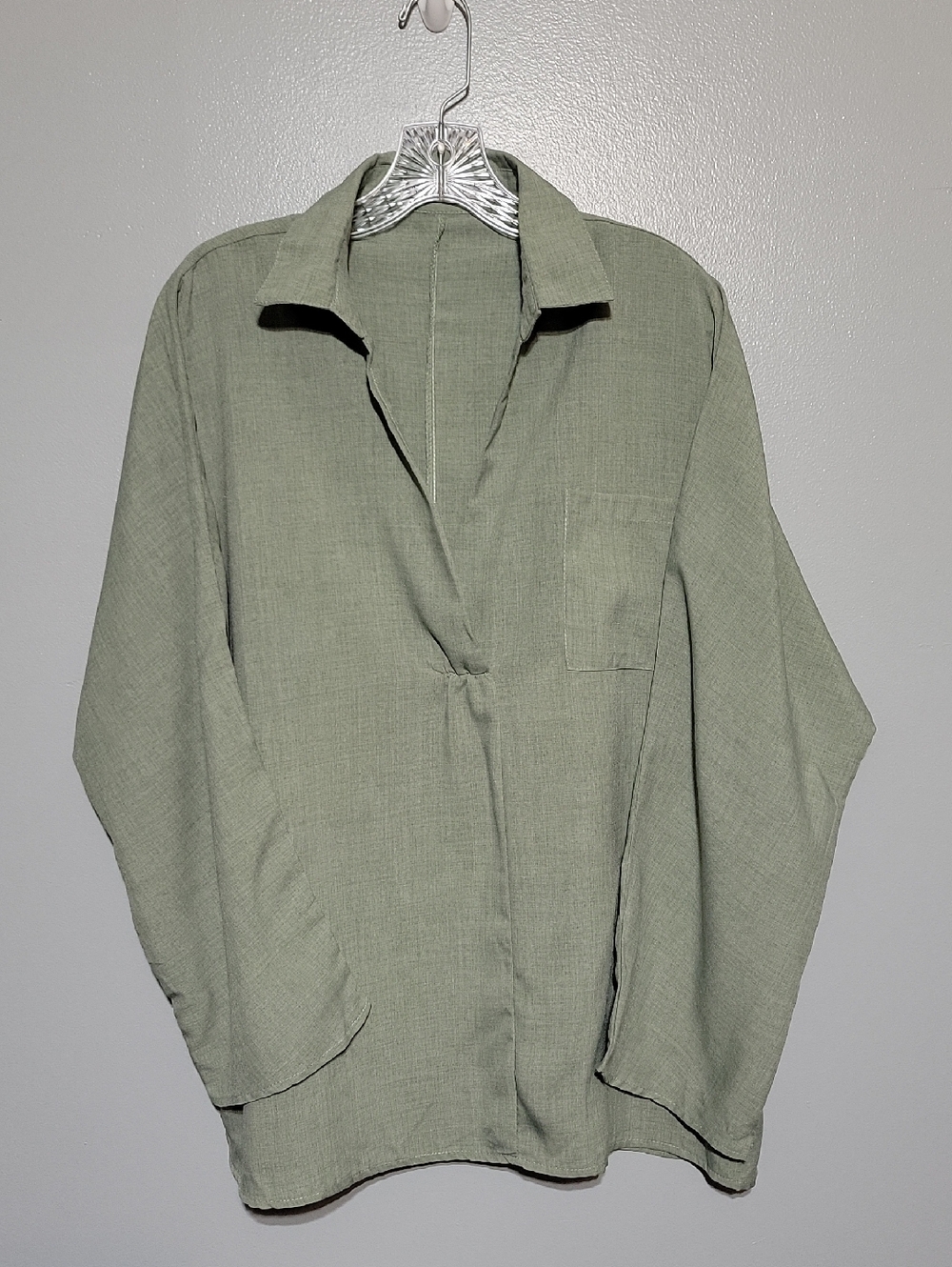 Misslook Women's Olive Green Long Sleeve V-neck Pocket Oversized Tunic Top Sz XL